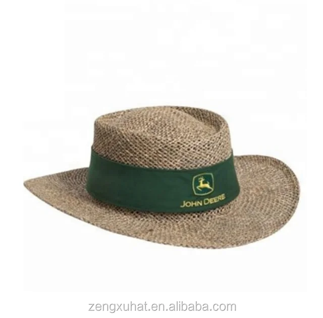 Natural Sea Grass Gambler Style Wide Brim Cowboy Straw Hat With Colorful  Band Printed Logo