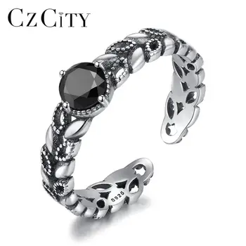 CZCITY Retro 925 Open Leaf Shaped Ring jewelry Sterling Silver One Size Design Girl Black Ring For Woman