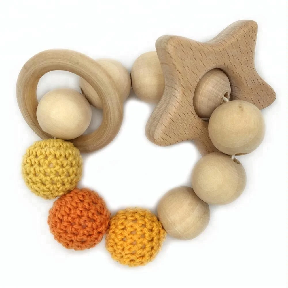 Baby Teether Teething Ring Wood Toys Beads Bracelet Log natural non-toxic 