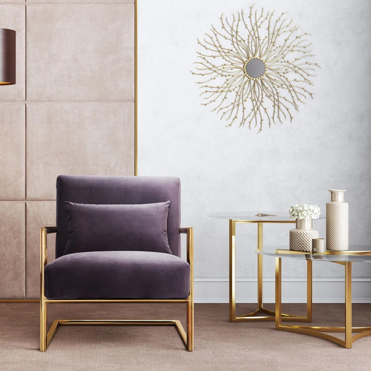 Wholesale Metal Frame Modern Style Gray Gold Velvet Single Club Armchair Accent Chair Velvet