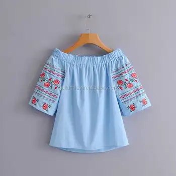 New ladies mexican embroidered floral elastic cotton blouses