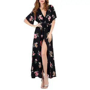 2018 Womens Summer Floral Print Chiffon Loose Dress Sexy Deep V Neck Dress