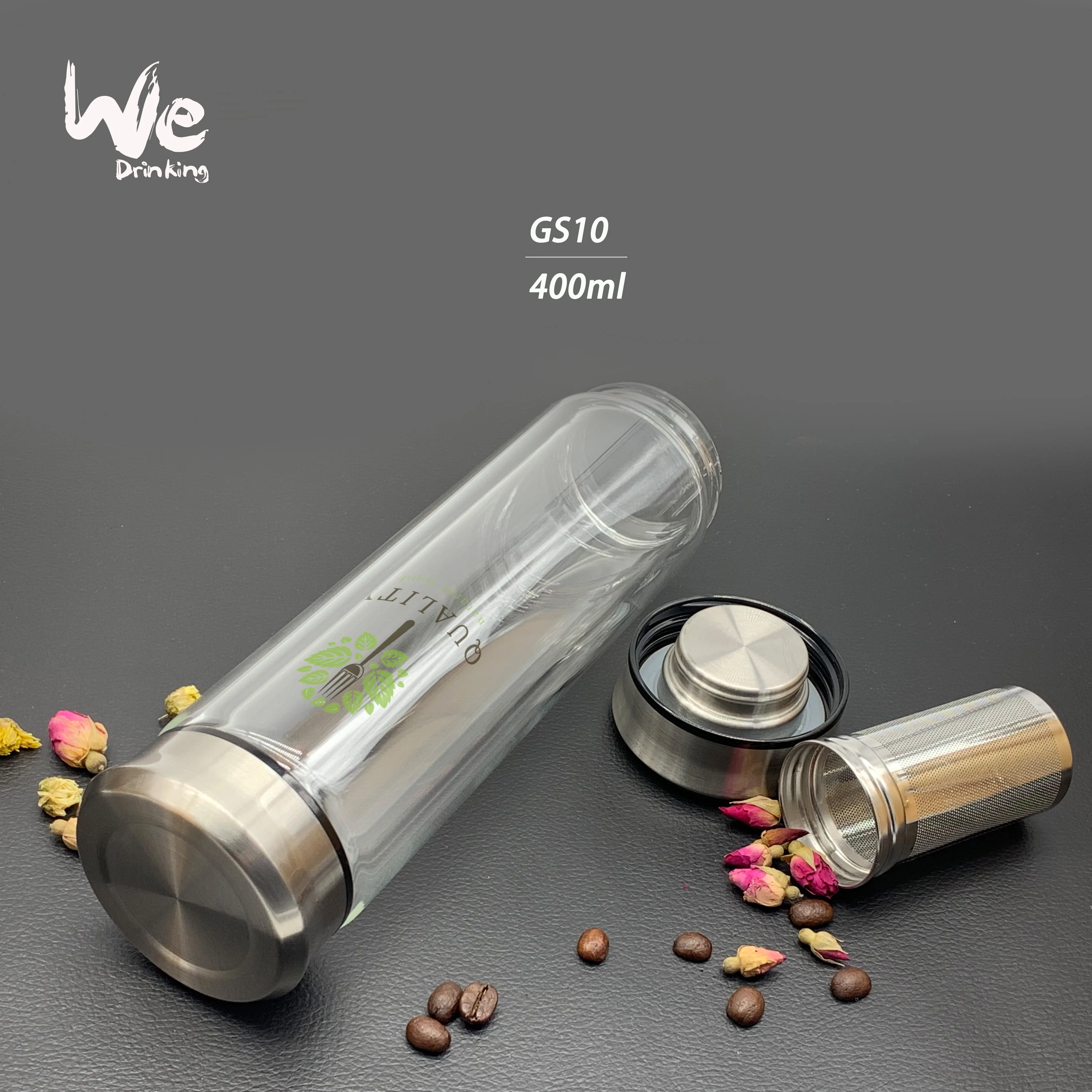 GS10 400ml Glass Tea Infuser Travel Mug With Strainer and 2 Steel Lids for Loose Leaf Tea  Matcha Fruit and Cold Brew Coffee