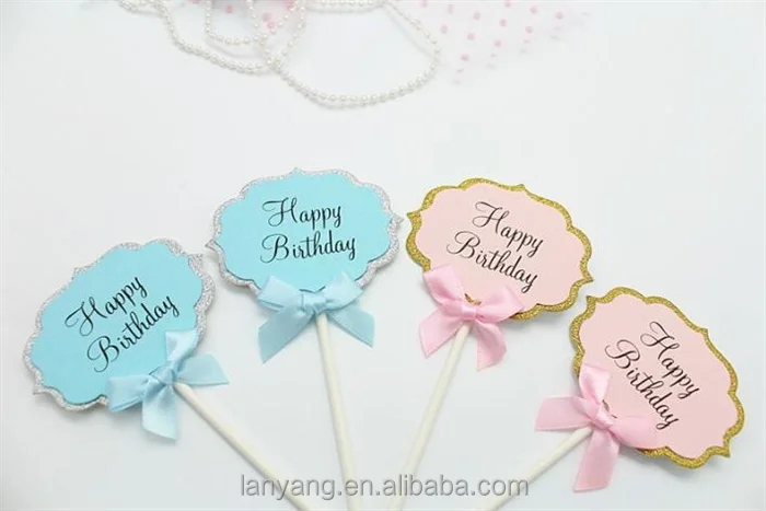 HAPPY BIRTHDAY CAKE PICK TOPPER DECORATION GLITTERED SPARKLY BLUE PINK PAPER PICKS