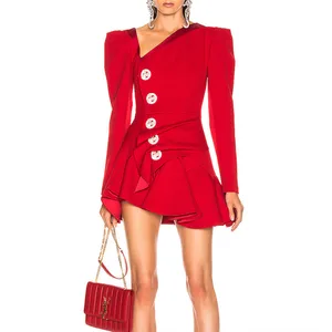 Ruffled Red Elegant Silk Mini Dress Party Office Women Dresses Online