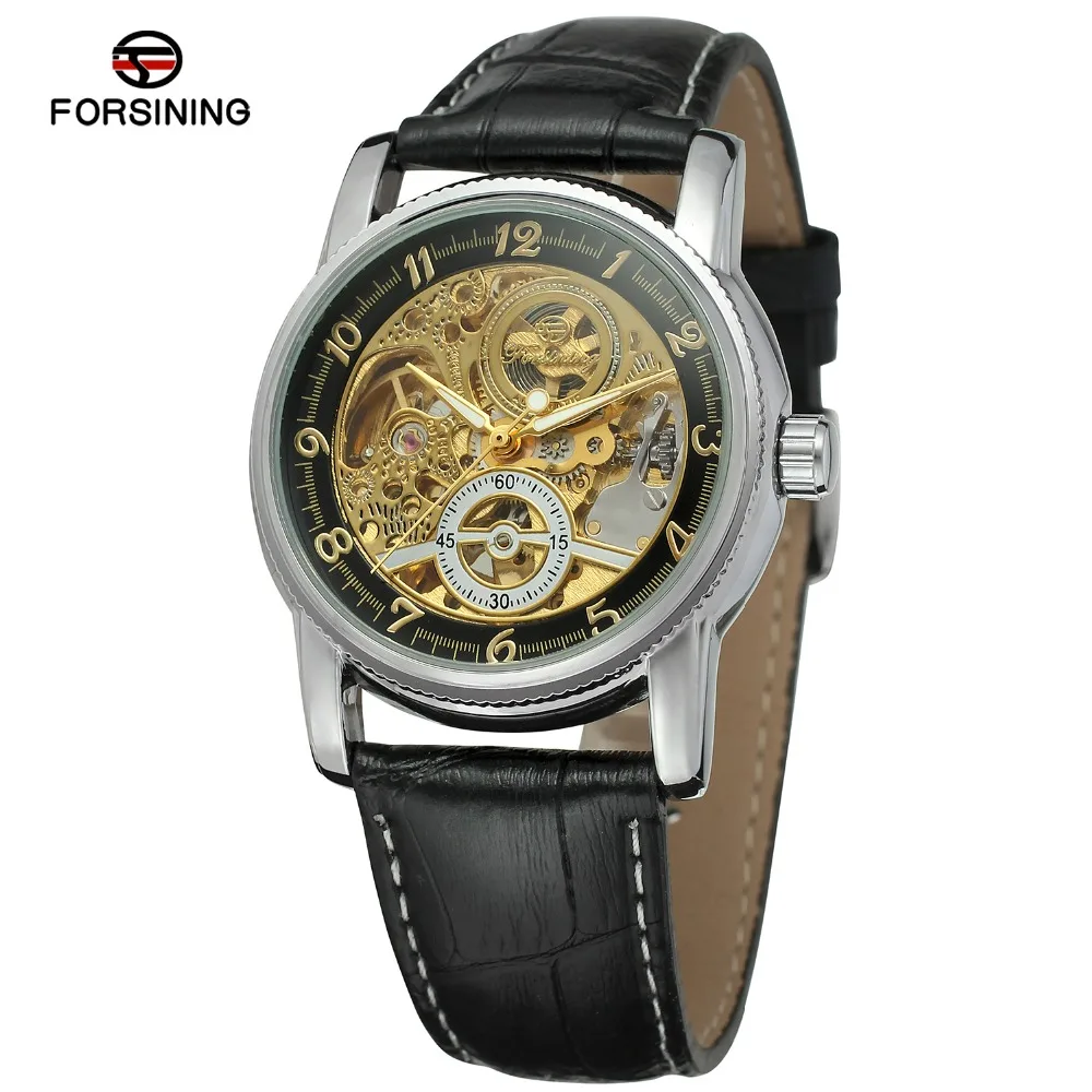 Forsining Gold Arabic Numerals Dial Genuine Leather Watches
