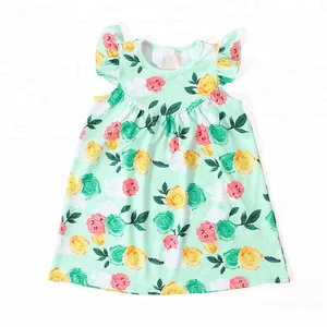 Boutique Kids Girls Wholesale Dress Girls Summer Floral Prints Dress Silk Milk Fly Sleeve Dress for Little Girl