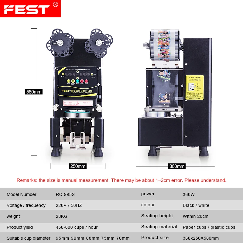 FEST CE Automatic Bubble Sealing Machines Milk Tea 110V/220V Boba Paper Plastic Cup Sealer Machine - Image 3