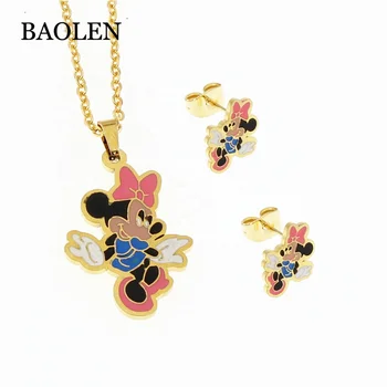 Enamel Classic Animal Mickey Cartoon Jewelry Sets Inlaid Zircon Mouse Pendant Necklace Earrings For Child Kids Gift