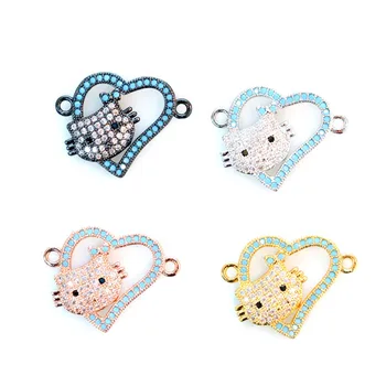 Wholesale micro pave zircon beads hello kitty heart shape brass pendant charms for jewelry making