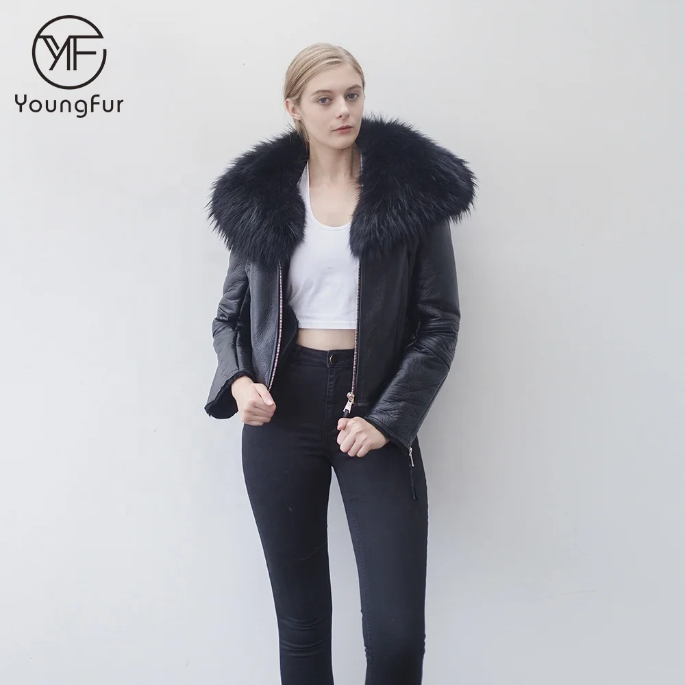 winter cool real sheepskin leather motorcycle jacket big raccoon