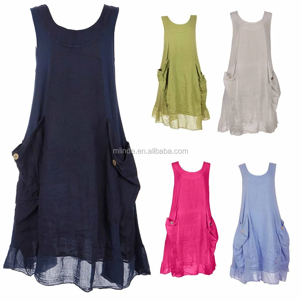 NEW Ladies Quirky Italian Lagenlook Linen Oversize Sleeveless Vest Tunic Top