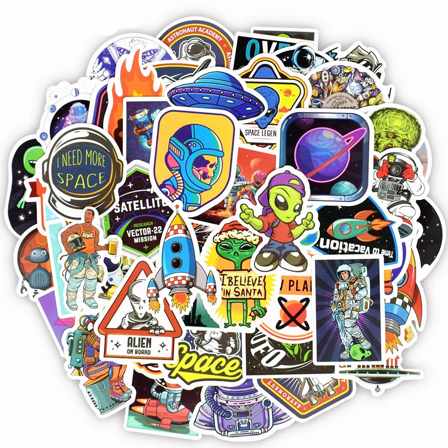50Pcs Outer Space Sticker UFO Alien Astronaut Rocket Cartoon Stickers Gifts Toys 