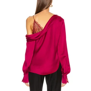 Fashion Sexy  Satin One Off the Shoulder Lace Cami Layered  Long Sleeve Top Shirt Women