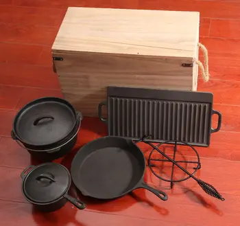 Wholesale Cast iron camping cookware set with wooden box factory