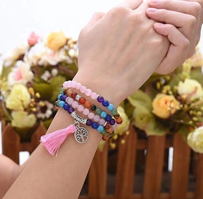 108 Rose Quartz Mala Beads - Healing Meditation Bracelet/Necklace - Lotus Charm - Pink Gemstone