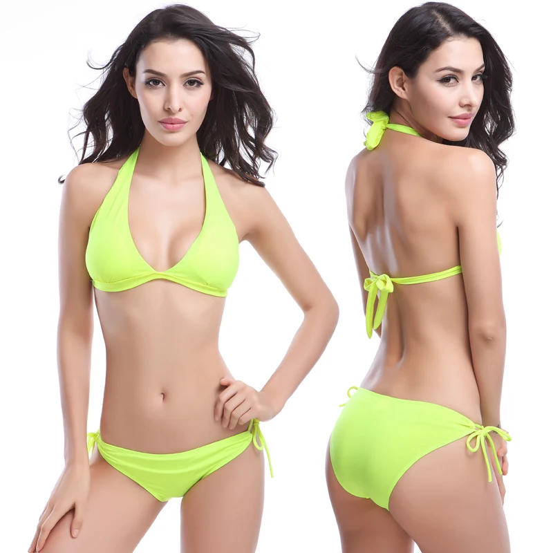 Women Push Up Athletic Two Piece Bikini Set Deep V Neck Halter Back with Boyshort Bathsuit Swimsuit Sale