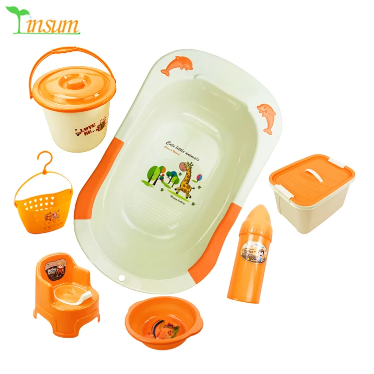Baby bath tub 7pcs set supplies multi-layer storage cabinet plastic with bottle drying rack bucket basket