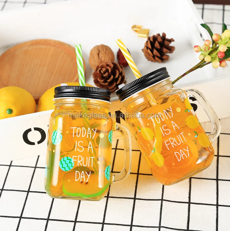 Fruit Juice Glass Mason Jar with Handle Mason Mug From Zibo Supplier