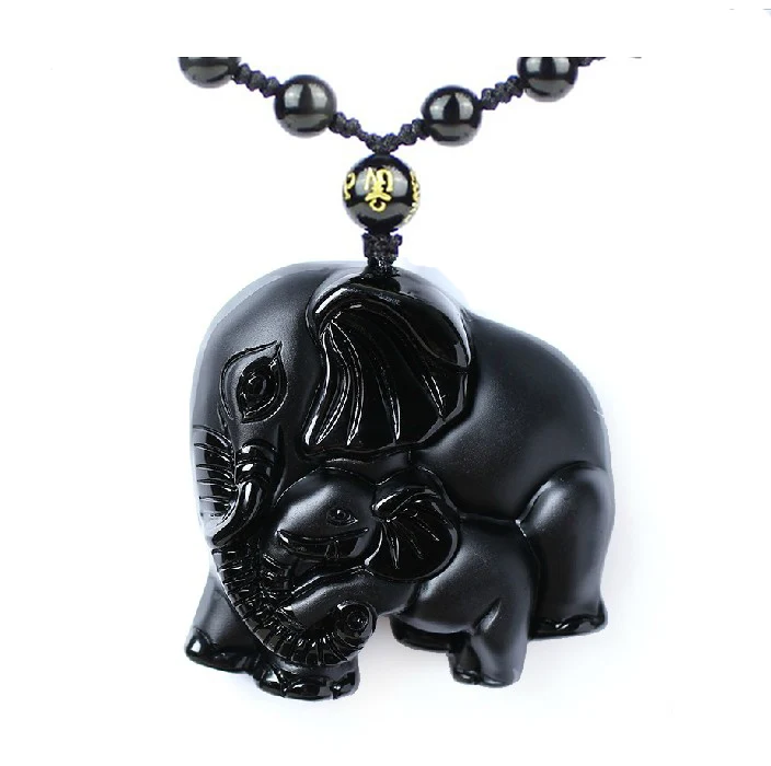 Collier avec pendentif en obsidienne noire éléphant éléphanteau feng shui animal