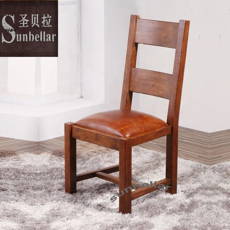 Wholesale Vintage Genuine Leather Distressed Brown Wooden Dining Chair Antique Brown Leather Chairs for Dining Room