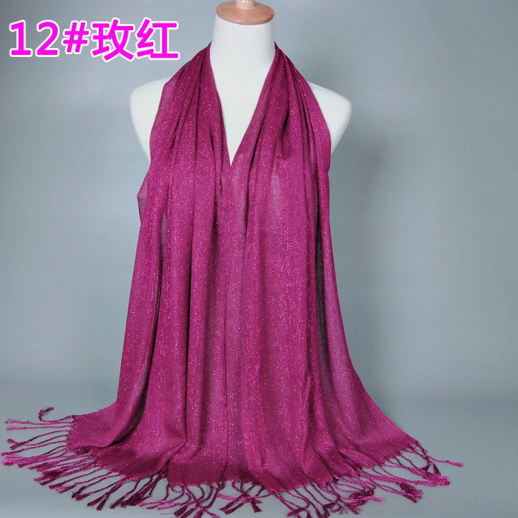 Lady Solid Color Scarf Tassel Shawl Golden Wire Cotton Fabric Scarf Women Hijab
