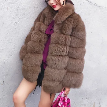 Women Faux Fox Fur medium Coat with collar Jacket Fur Outfit Fluffy Hairy Fur Red Purple Winter