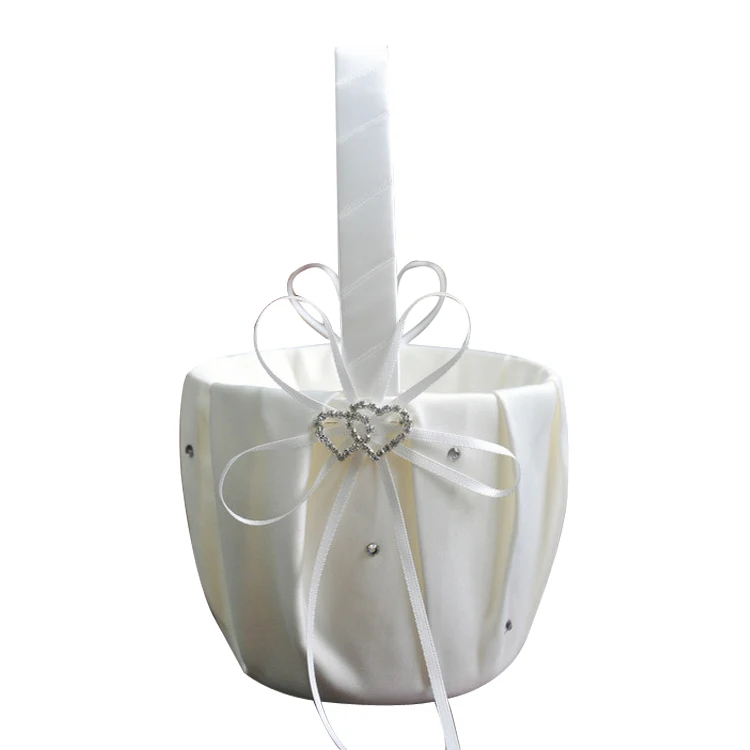 White Satin Wedding Flower Girl Basket Ring Pillow Ceremony Party Love Bowknot 