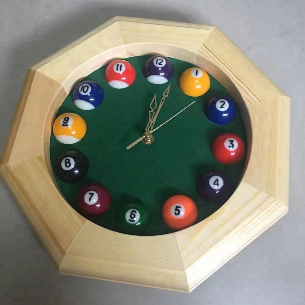 Pool Ball Octagon Wooden Billiard Wall Clock For Club Pub Use