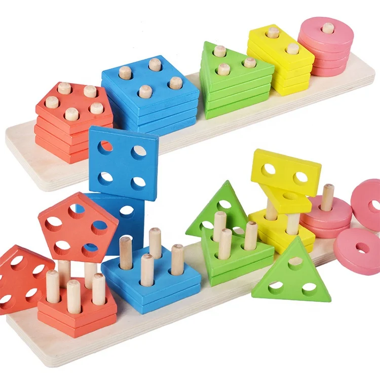 Wooden Square Geometric Shape Sorter Stacking Blocks with 4 Sets Columns Toy 