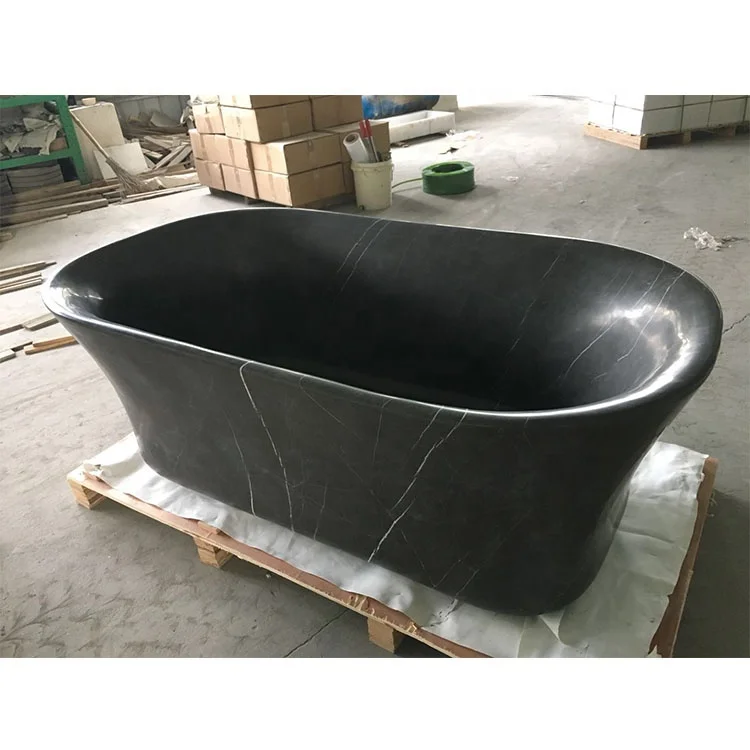 China Manufacturer Direct Traditional Design Black Marble Freestanding Bathtub Natural Stone for Soaking in Villas Bathroom