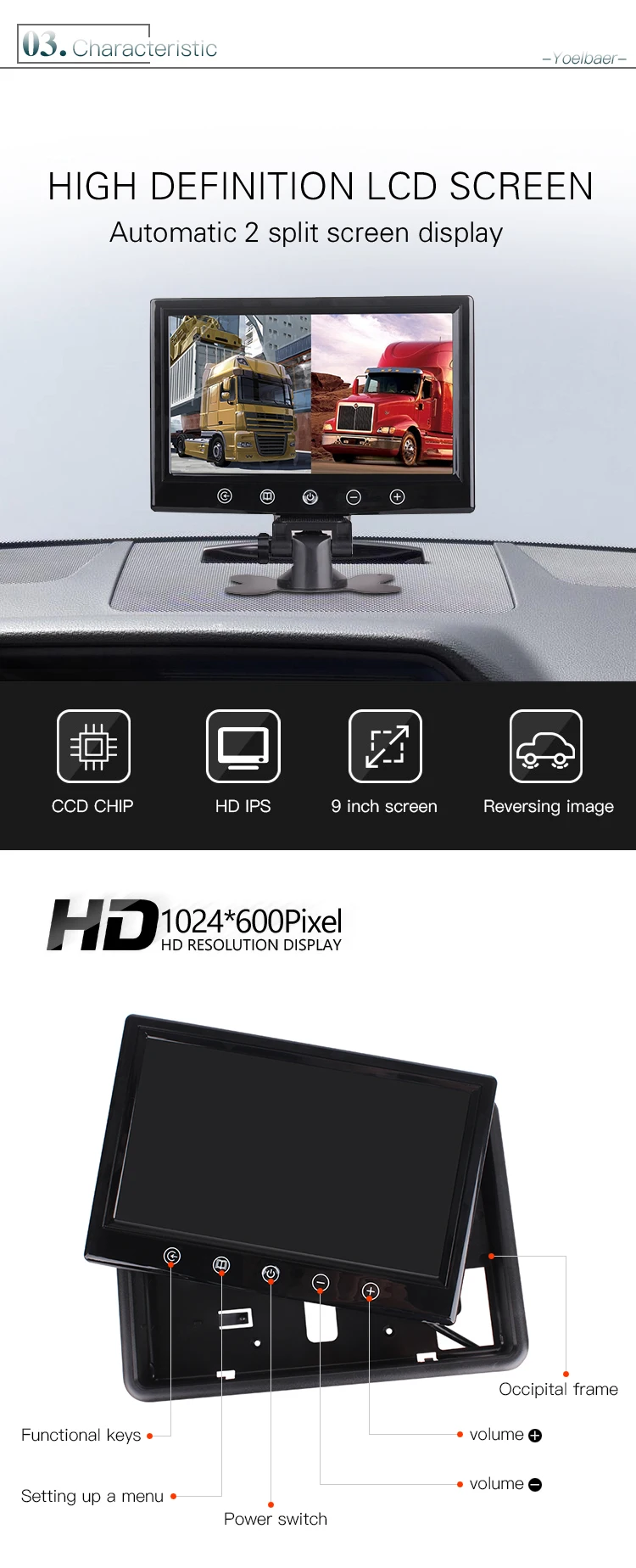 4 Channel Car Display 9 Inch Monitor Blind Spot Infrared Reverse Rear View Camera System