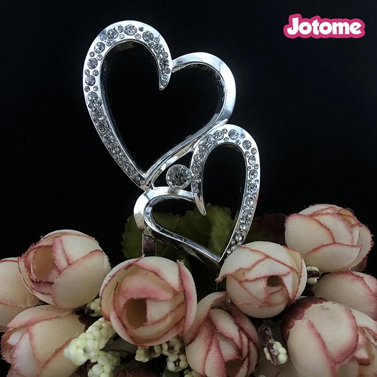 Cake Topper Romantic Crystal Silver Double Heart Cake Topper Wedding Decoration 