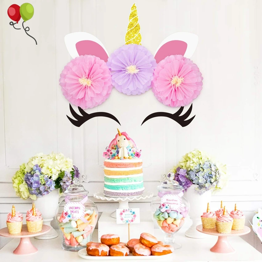 Unicorn Party Backdrop Horn Eyelashes Paper Flowers Wall Decor