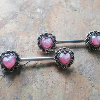 Stainless Steel body jewelry Piercings 14g opal Nipple Barbell, heart nipple Ring