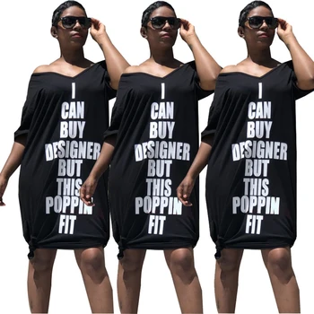 SAYX9042 letter print off the shoulder tshirt fashion short black women dress
