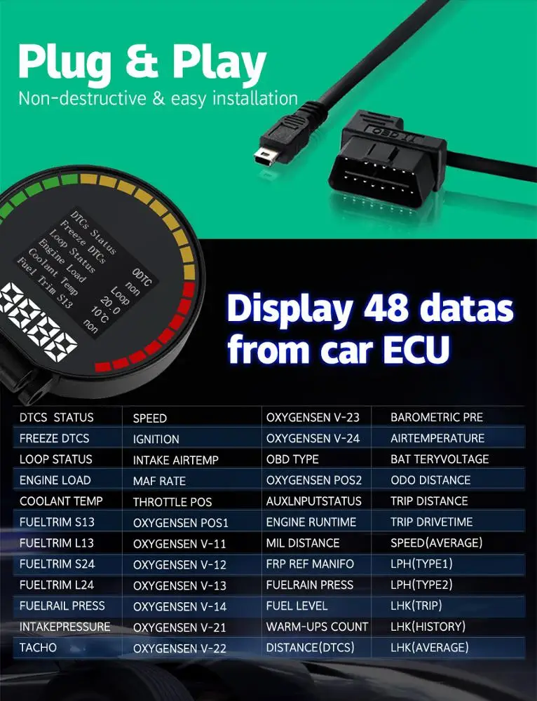 Most Function HUD P15 Auto Meter  OBD Display Obd Car Alarm RPM Water Temp Turbine Pressure  Boost Gauge