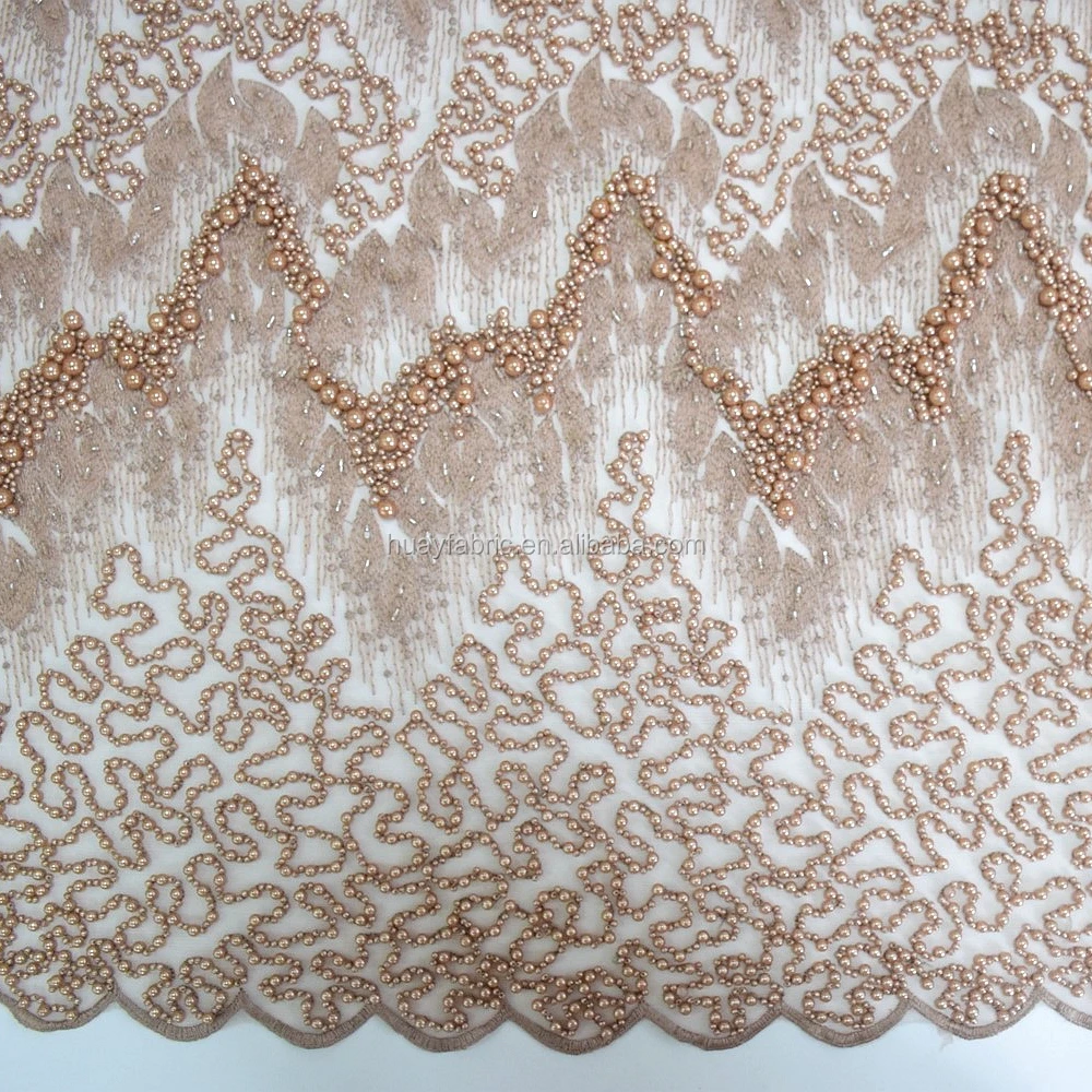 New designs french tulle lace top end bridal fabric with heavy pearls for lace wedding dresses HY0660-1