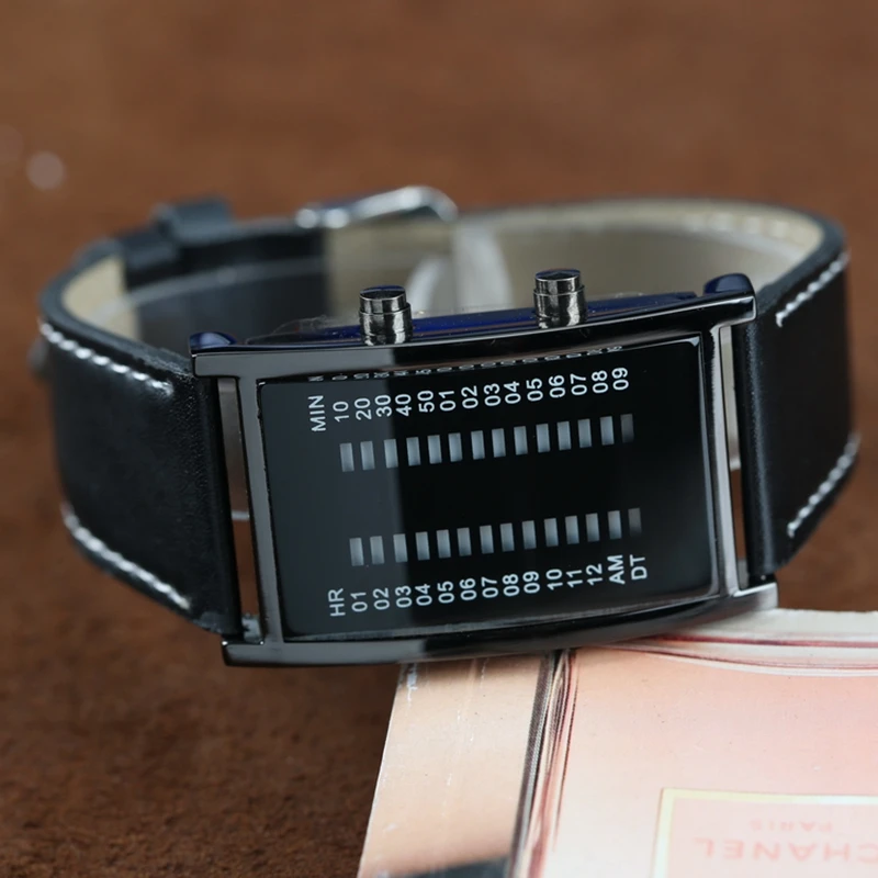 Unique Bridge Rectangle Shape Binary Led Watches Men Fashion Blue Light Display Leather Luxury Sports Digital Watch Relojes Hot