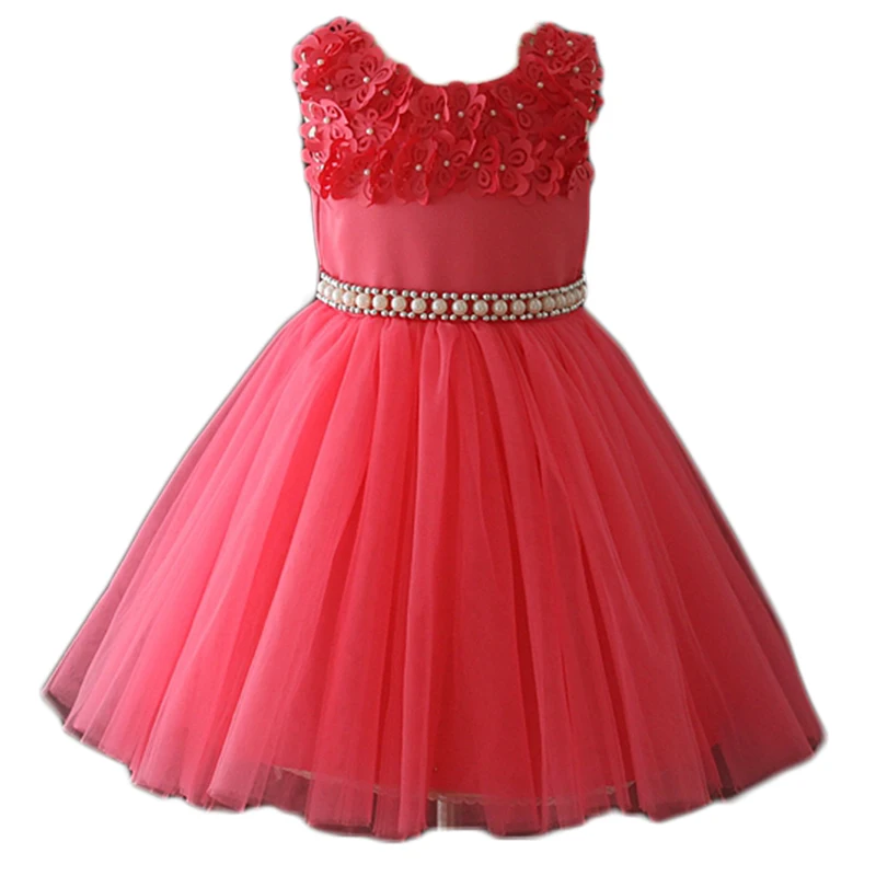 Latest Frock Design Rose Red Baptism Flower Dresses for Infant Girls of 7 Years Old