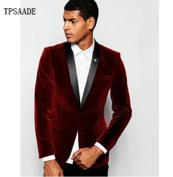 Dark Red Clothes Wedding Coat Pant Velvet Fabric Men Suit WF758