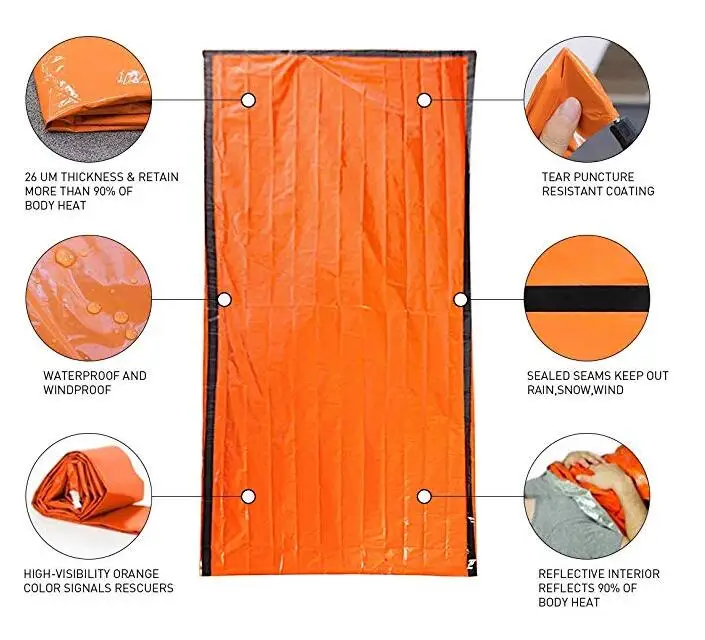 Portable waterproof lightweight Emergency Survival Sleeping Bag with whistle Thermal Bivy Sack Blanket for Camping Hiking supplier