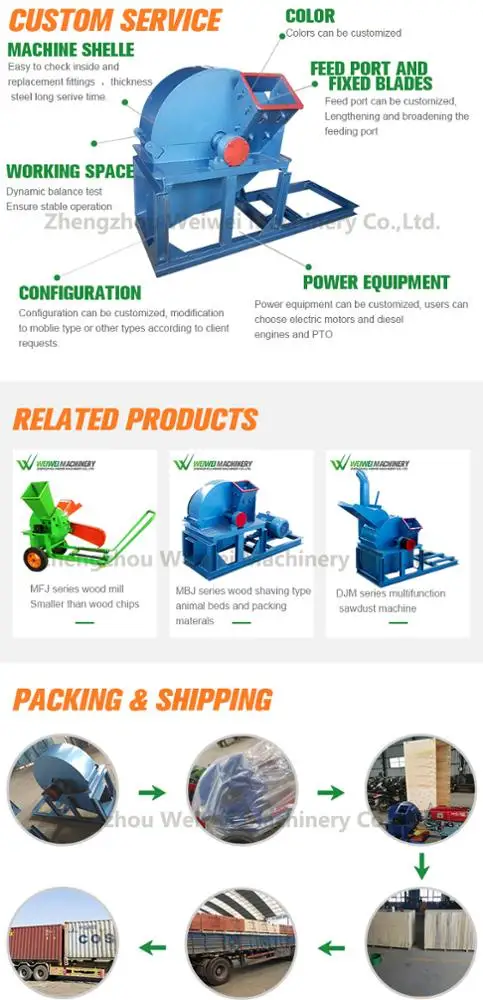 Weiwei MFJ500 Wood Log Tree Hammer Mill Chipper Grinder Cut Wood Powder Wood Chipper Gasoline Engine Drive Machine