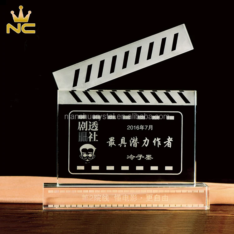 Slate Shaped Crystal Glass Clapperboard Trophy for Memorial Movie Plaques