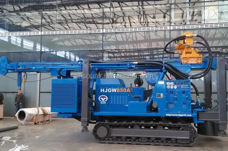 
 Буровая установка HJGW850A гусеничного типа 400-500-600m для водяных скважин, управляемая портативным винтовым воздушным компрессором, 30- 35 бар, быстрая скорость бурения  