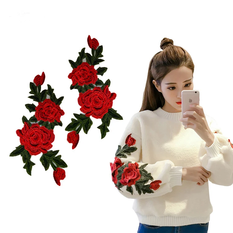 Source bordados con apliques de rosas rojas y flores en 3D para decoración de ropa on m.alibaba.com