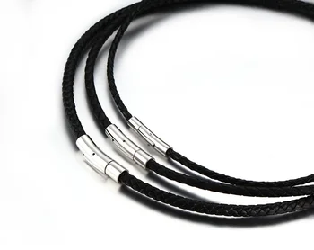 3mm 4mm 5mm Clasp Genuine Black Leather Braided Cord Lariat Necklace For Man Woman