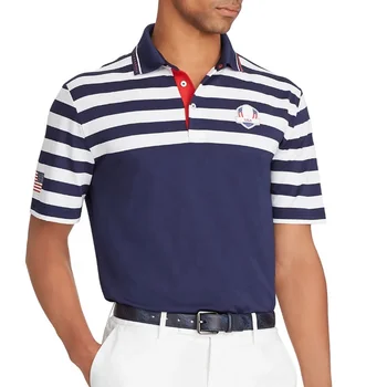 Slim Fit 2-Button Horizontal Strips Navy Blue Heather Polo Shirt Polyester Spandex Golf Polo Shirt