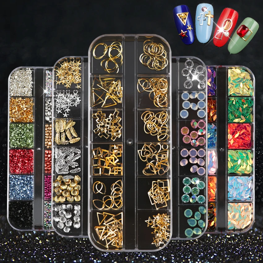 Бесплатная доставка, розы, гвоздики для ногтей, 3D украшения для ногтей, золотые, круглые, квадратные, треугольные, смешанные аксессуары в колесе для творчества