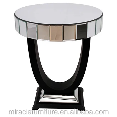Black Wood Base Round Mirrored Corner Side Table for Living Room Furniture